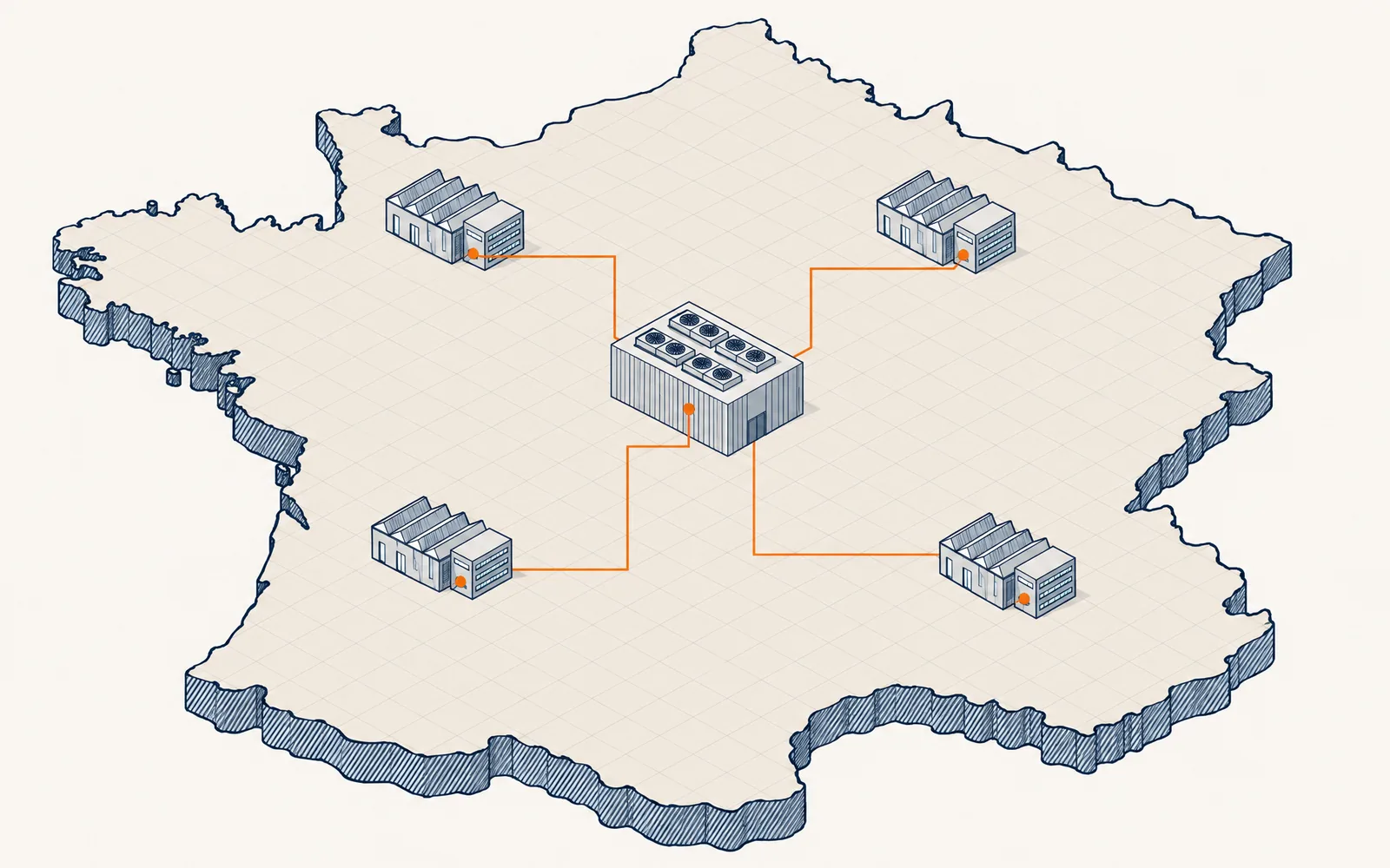 Carte de France en relief : quatre sites industriels reliés par des lignes orange à un centre de données central