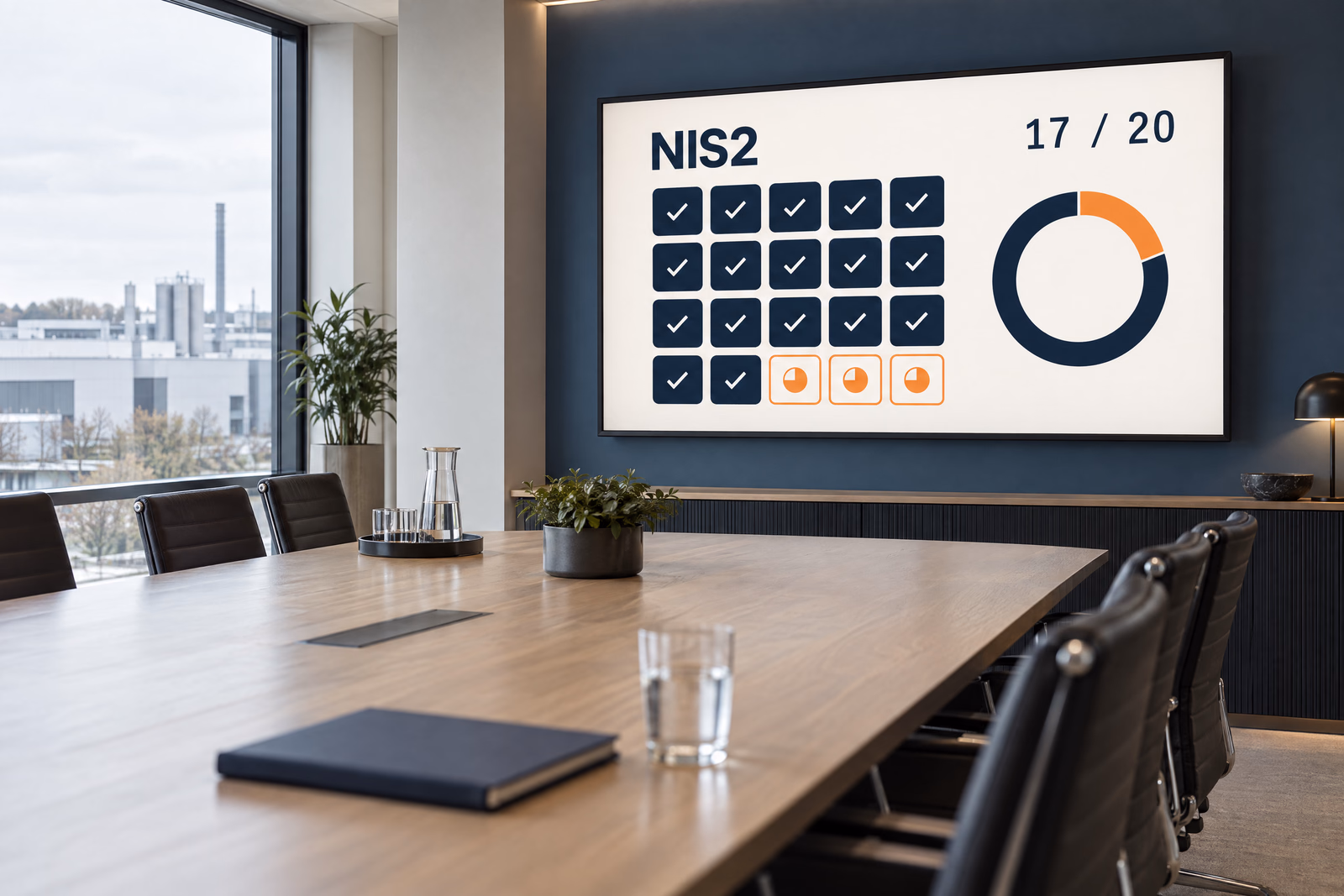 Illustration : salle de réunion avec un écran mural affichant un tableau de conformité NIS2 et un score de 17 sur 20