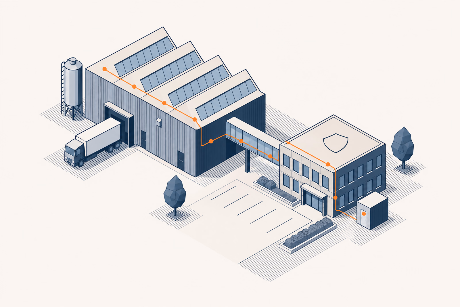 Illustration isométrique d’un site industriel : atelier, silo et camion à quai reliés à un bâtiment de bureaux par une ligne orange