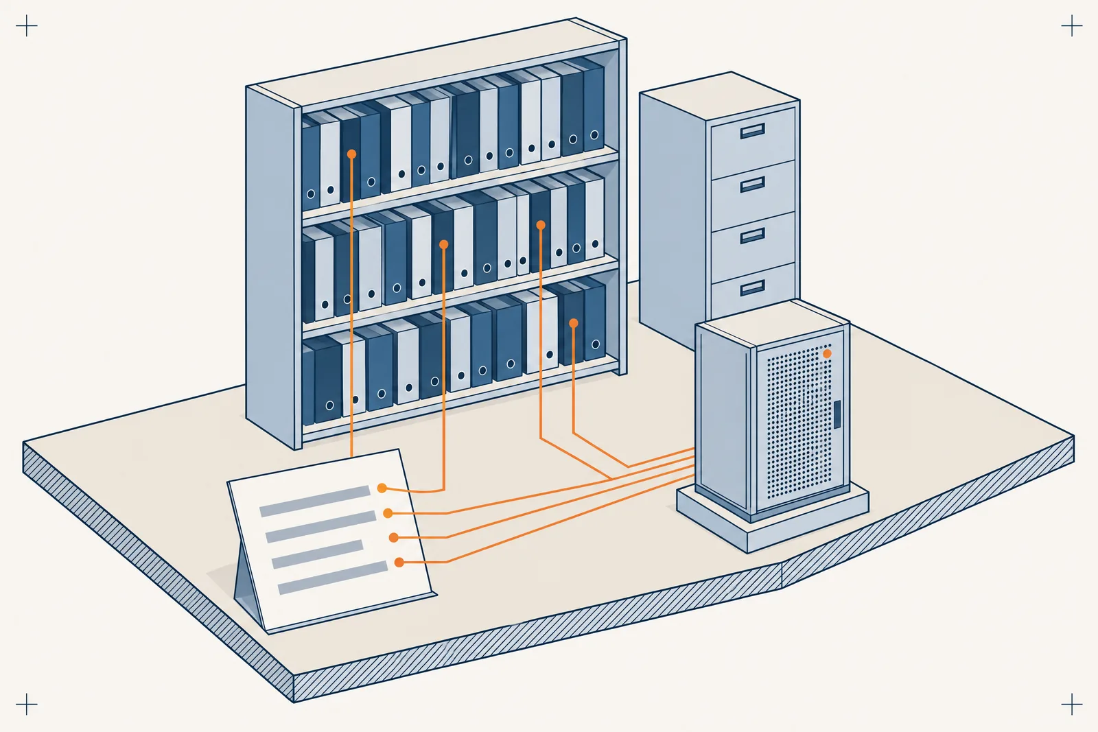 Illustration isométrique : les lignes d'un document reliées par des traits orange à des rayonnages de classeurs, à côté d'une armoire à dossiers et d'un serveur